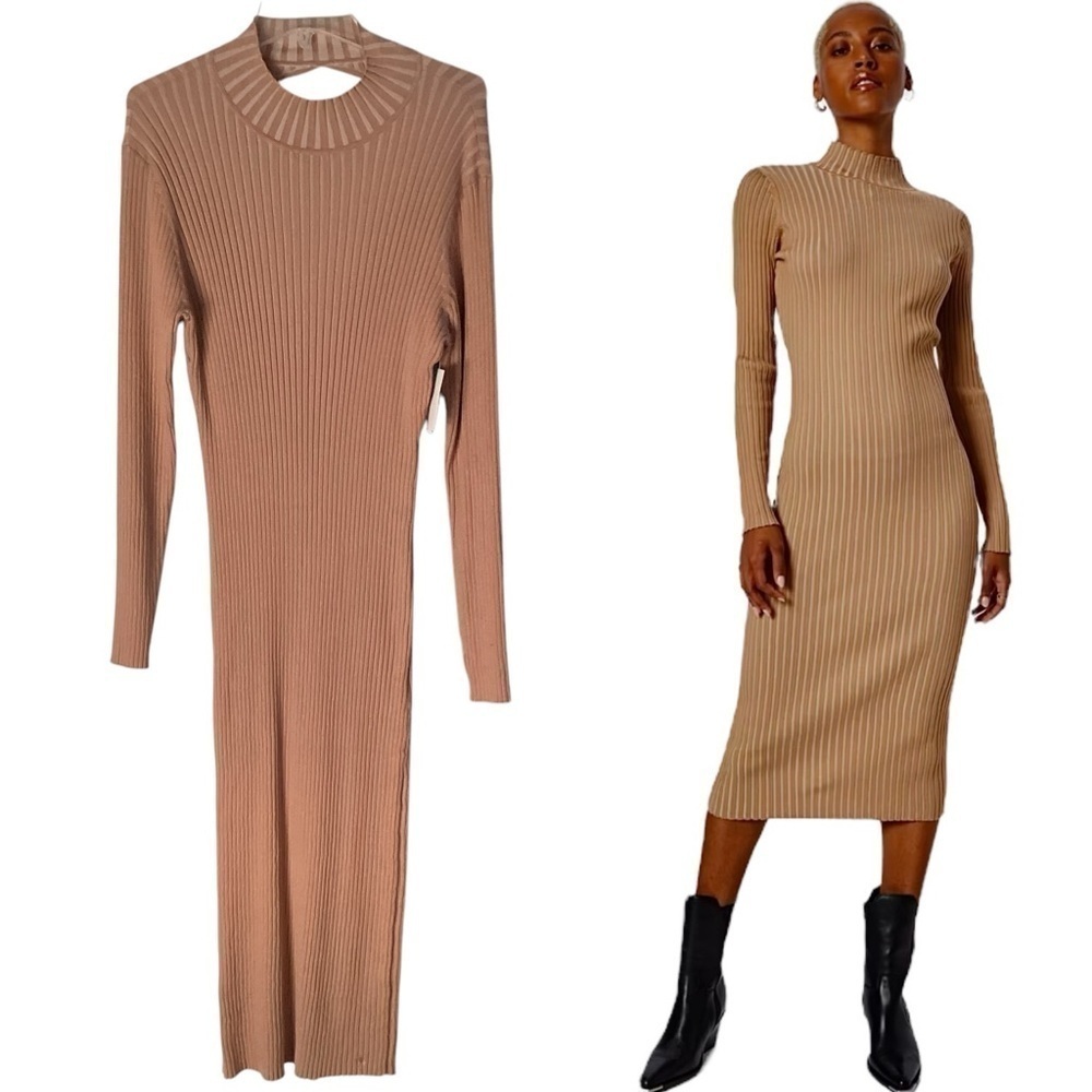 Vero Moda Elegant MIDI Dress Long Sleeve Ribbed Knit Caramel Color Women's Sz XL